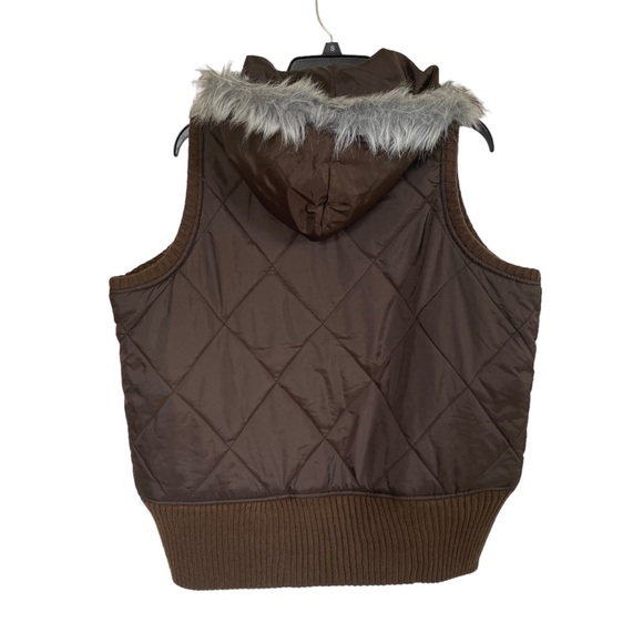 One Step Up brown zip up puffy vest jacket coat fur hood women’s 2X pockets - Picture 3 of 10